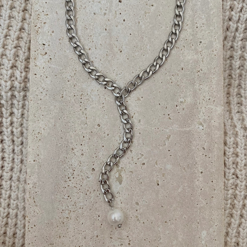 Silver Curb Link Lariat Necklace